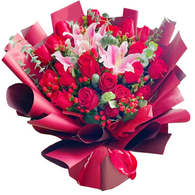 内江22朵红玫瑰百合，爱的火焰